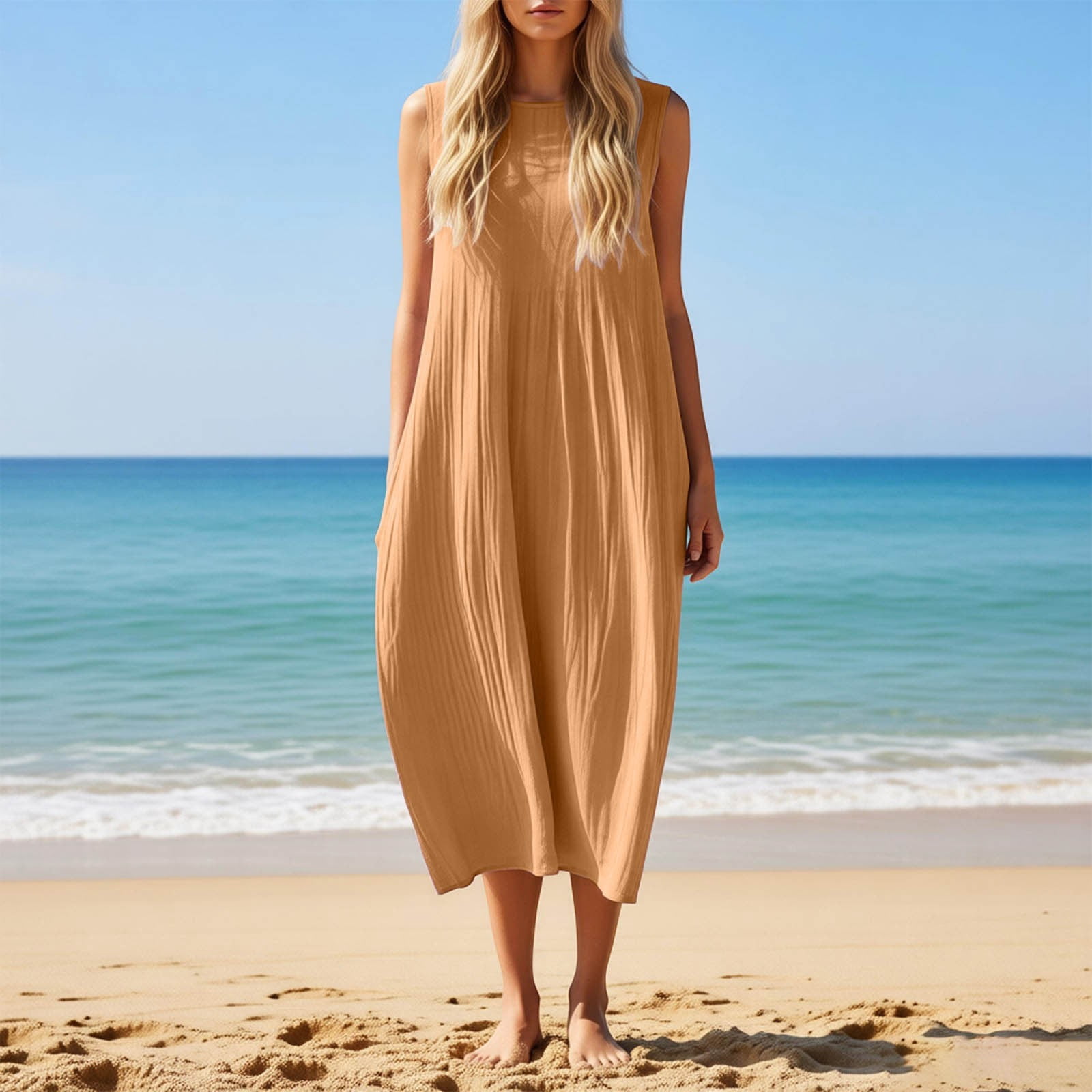 YANGXINX Womens Summer Dresses 2026 Linen Solid Color Sleeveless Round Neck Casual Shirts Dress with Pockets Comfortable Flowy Tunic Clothes