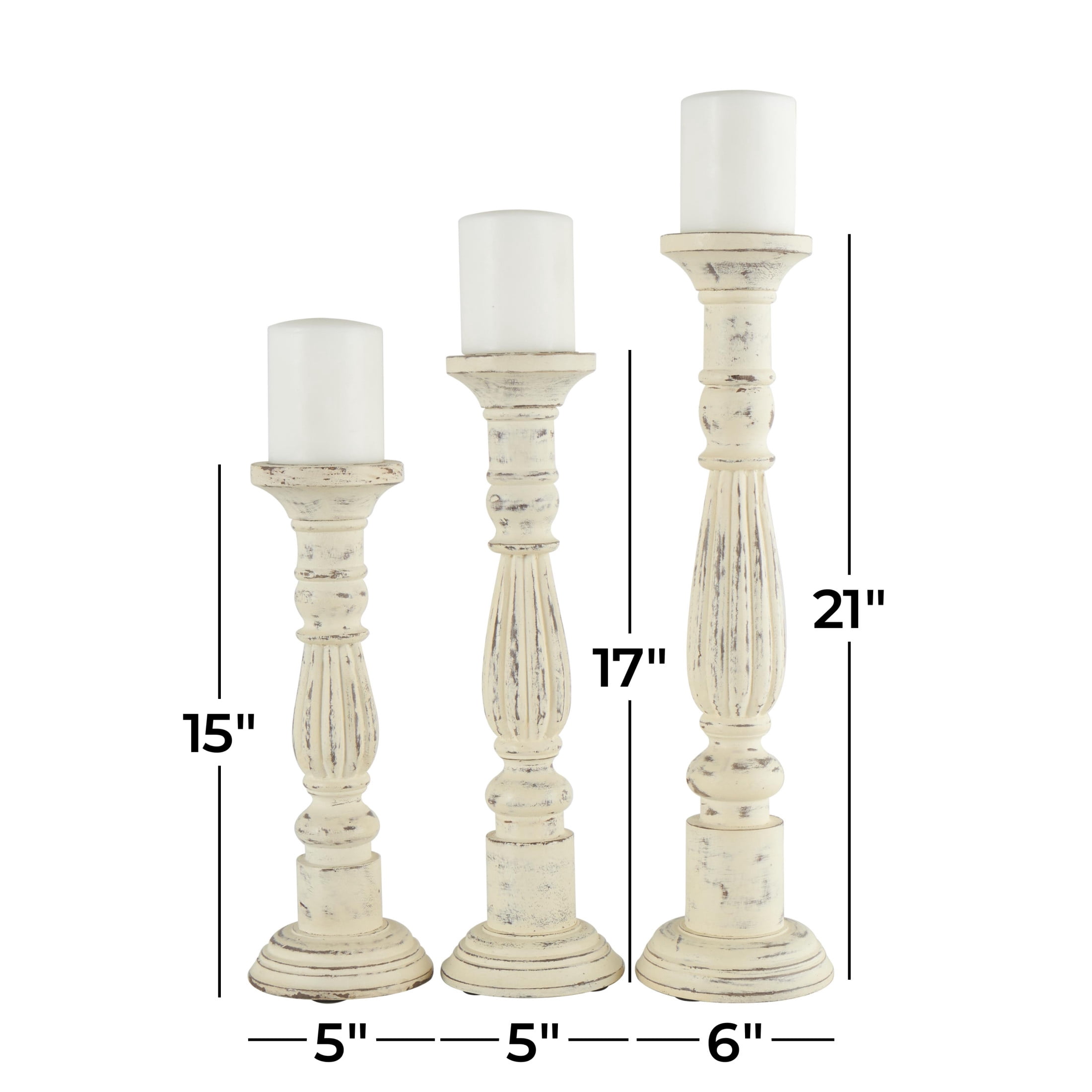 DecMode 3 Candle White Mango Wood Tall Distressed Turned Candle Holder, Set of 3
