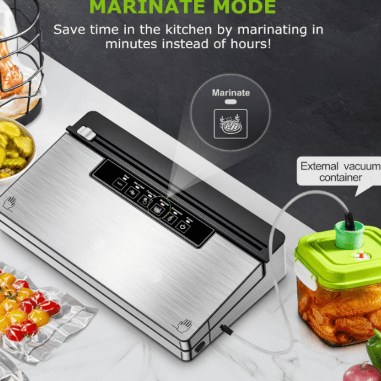 Vacuum Sealer Machine, Stainless Steel Food Sealer Vacuum Sealers with 100 Bags & 1 Roll Bag, 5 Food Vacuum Modes, Built-in Cutter & Bag Storage, Silver-Black