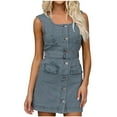 thumbnail image 1 of Robe en Jean Sans Manches pour Femmes Décontractée à Manches Mi-Longues Ouverte devant Printemps Été 1 Pce, 1 of 8
