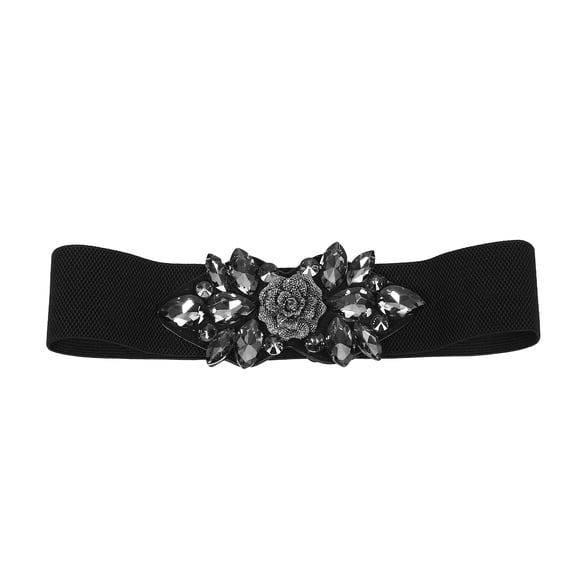 TEHAUX Wide Black Rhinestone Elastic Belt for Women - Sparkling Formal Waistband Accessory