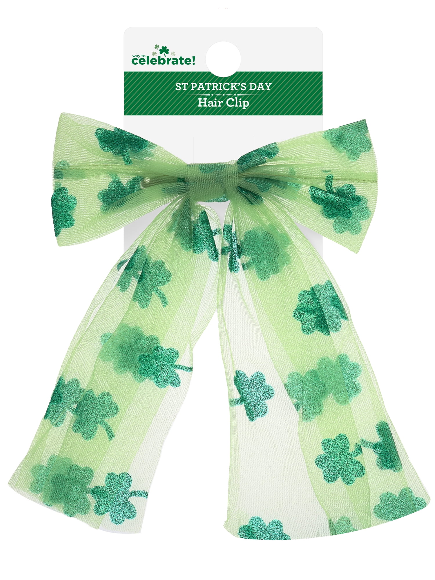 Way to Celebrate St. Patrick's Day Green and White Shamrock Print Hair Bow, 1 Piece