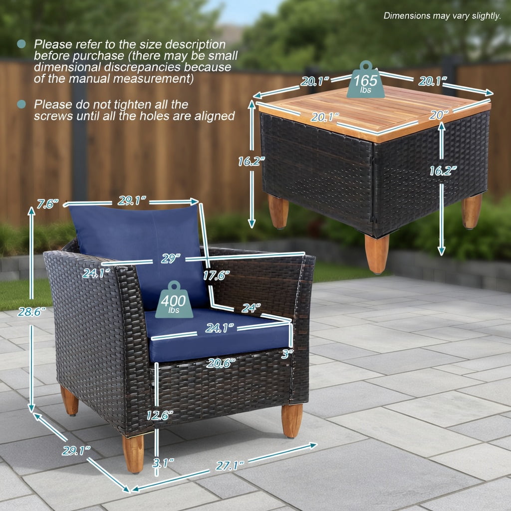 Hommoo 3-Piece Outdoor Rattan Bistro Set, Acacia Wood Table & Steel Frame Patio Furniture for Backyard, Poolside & Garden, Navy