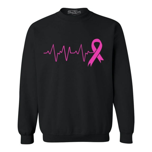 Shop4Ever Men's Heartbeat Pink Ribbon Breast Cancer Awareness Crewneck Sweatshirt XX-Large Black