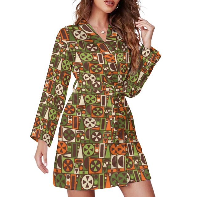 Mid-Century Print Pajama Robe V Neck Abstract Turquoise Retro Sleepwear Lady Long Sleeve Soft Pajamas Robes Spring Room Dresses