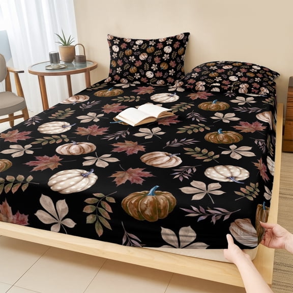 King Size Fitted Sheet Set - Vintage Pumpkins Fall 3 Piece Bedding Sets 16" Deep Pocket Fitted Sheet with 2 Pillowcases, Beige Thanksgiving Botanical Black Brushed Microfiber Hotel Luxury Bed Sheets