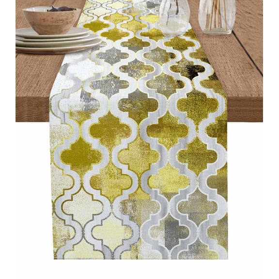 Yellow Morocco Table Runner Retro Grey Foil Painting Grunge Tribal Tablerunners 14 x 72 Inch, Table Decorations Tabletop Scarf for Summer Gathering Holiday Farmhouse Kitchen Dining Decor
