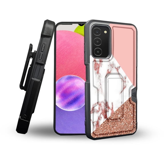 ANJ+ Rugged Shockproof Holster Case Card Slot Kickstand + Tempered Glass Cover for Samsung Galaxy A03s - Abstract Marble