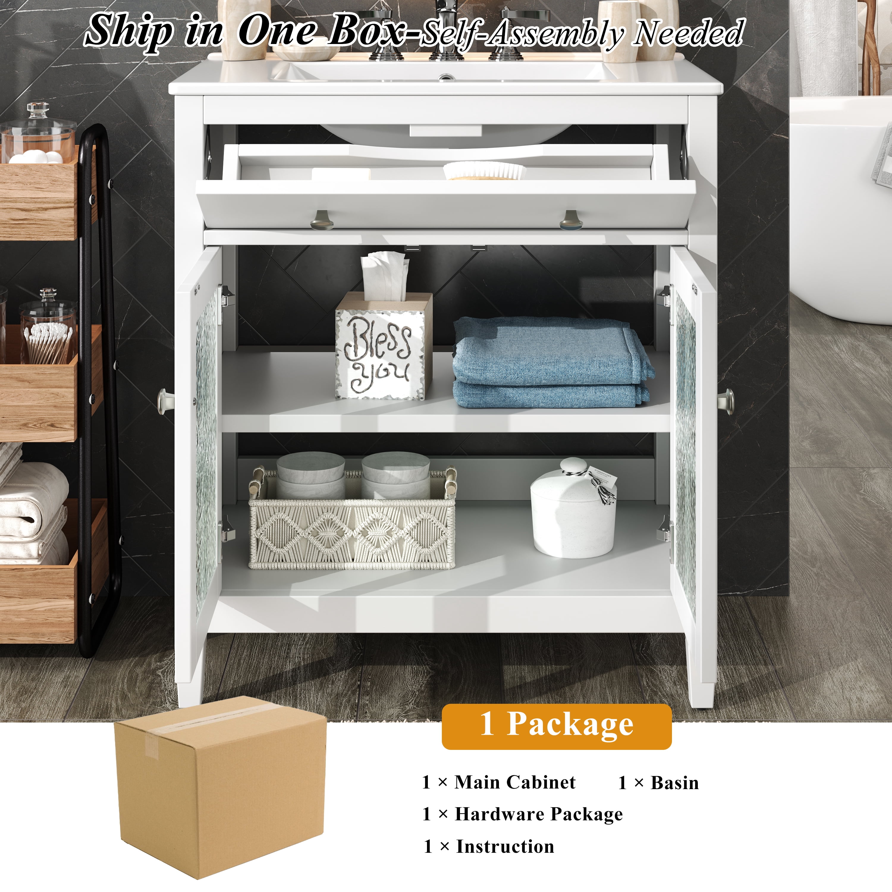 Euroco 30" Bathroom Vanity with Ceramic Sink, Equipped with Adjustable Shelf and Tip-Out Tray, Bathroom vanity with Solid Wood Legs, Silver Metal Knobs and Soft Close Hinges, White