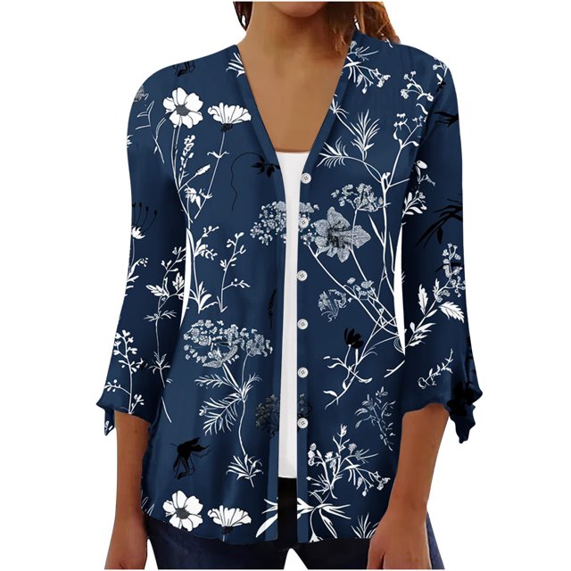 LOVZFMLL Cardigan pour Femmes Cardigan à Boutons Veste Imprimée Manches 3/4 Col Cardigan Imprimé Veste Cardigan Décontractée Veste Cardigan