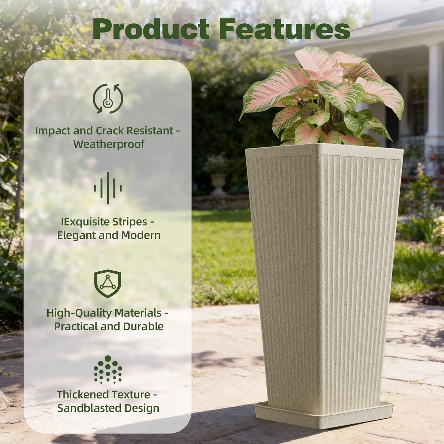 TOPCOMFY Tall Planters for Outdoor Plants Set of 2, 23.6" Modern Tapered Indoor Flower Pots with Drainage Holes/Partition/Tray for Porch Patio Garden, Beige