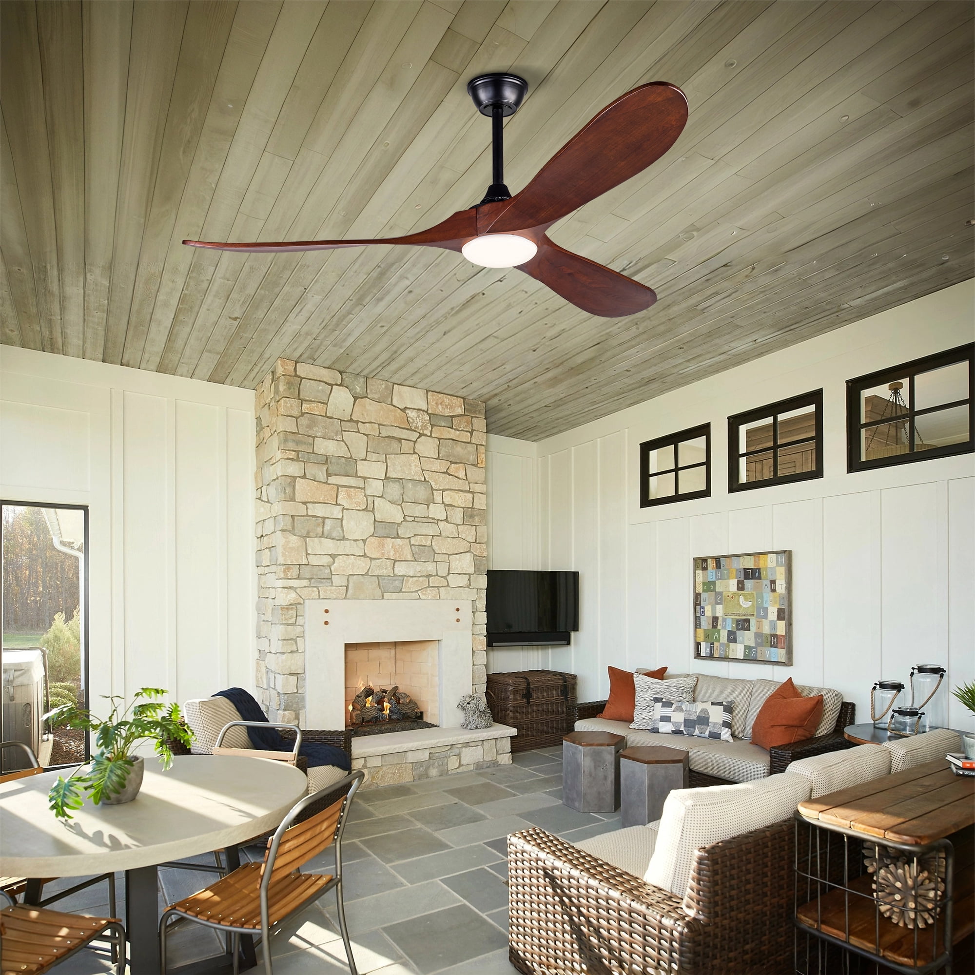 Ceiling Fan 52 Inch with 3 Solid Wood Blades and Light, Remote Control Ceiling Fan and LED Light Fixture with Reversible DC Motor for Bedroom, Black