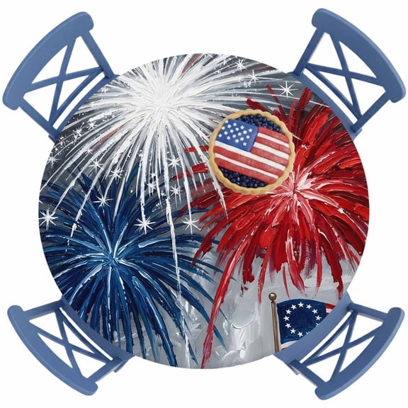 4th of July Round Fitted Tablecloth with Elastic Red White Blue Fireworks Tablecloths Patriotic USA FLag Waterproof Table Cover for Kitchen Party Independence Day Fits Tables up to 36"- 44" Diameter