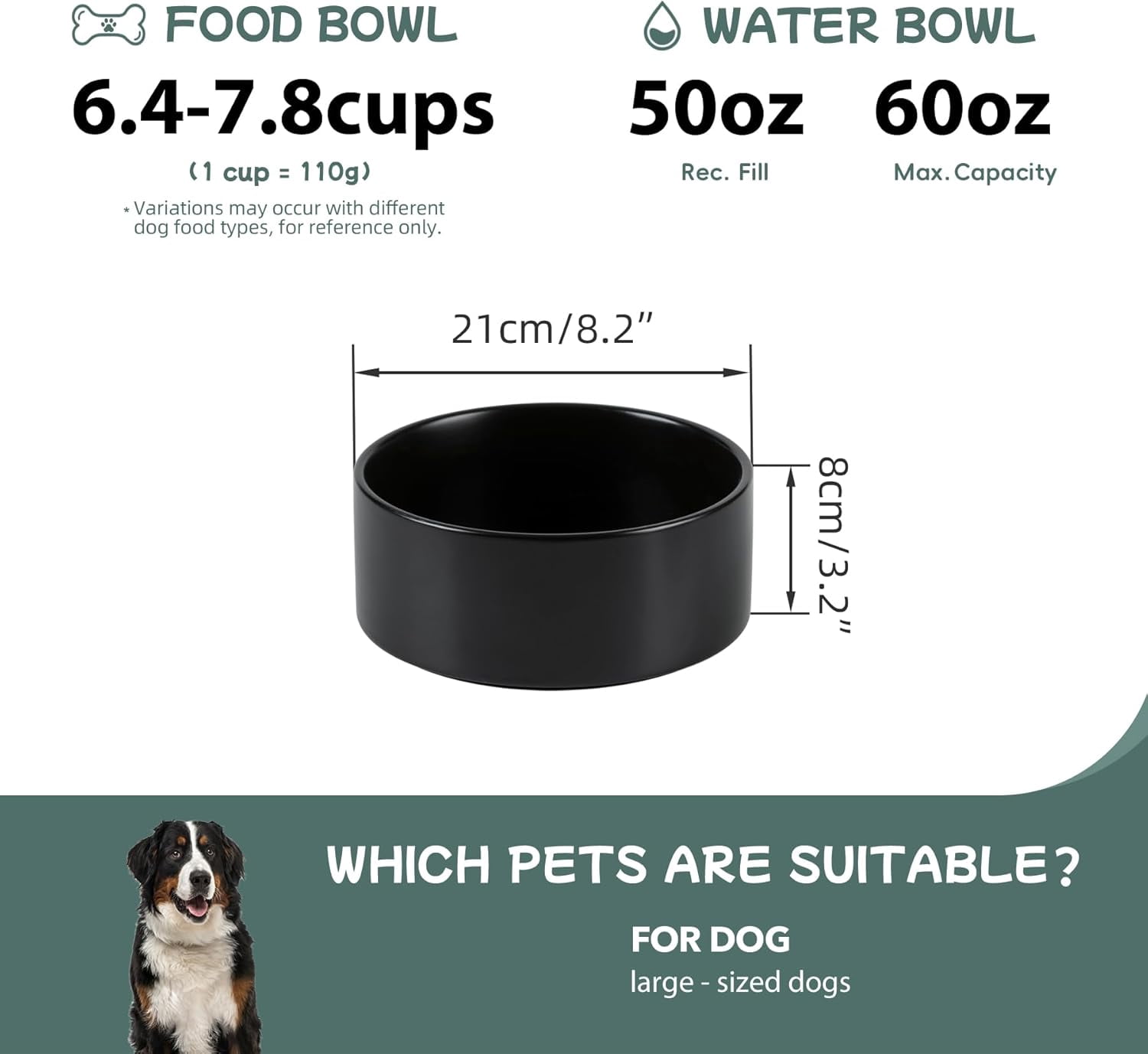 8.3” Dog Bowl Ceramic Dog Food and Water Bowl, Durable Dog Water Bowl with Non-Slip Rubber Base Large Capacity Feeding Dishes for Large Dogs