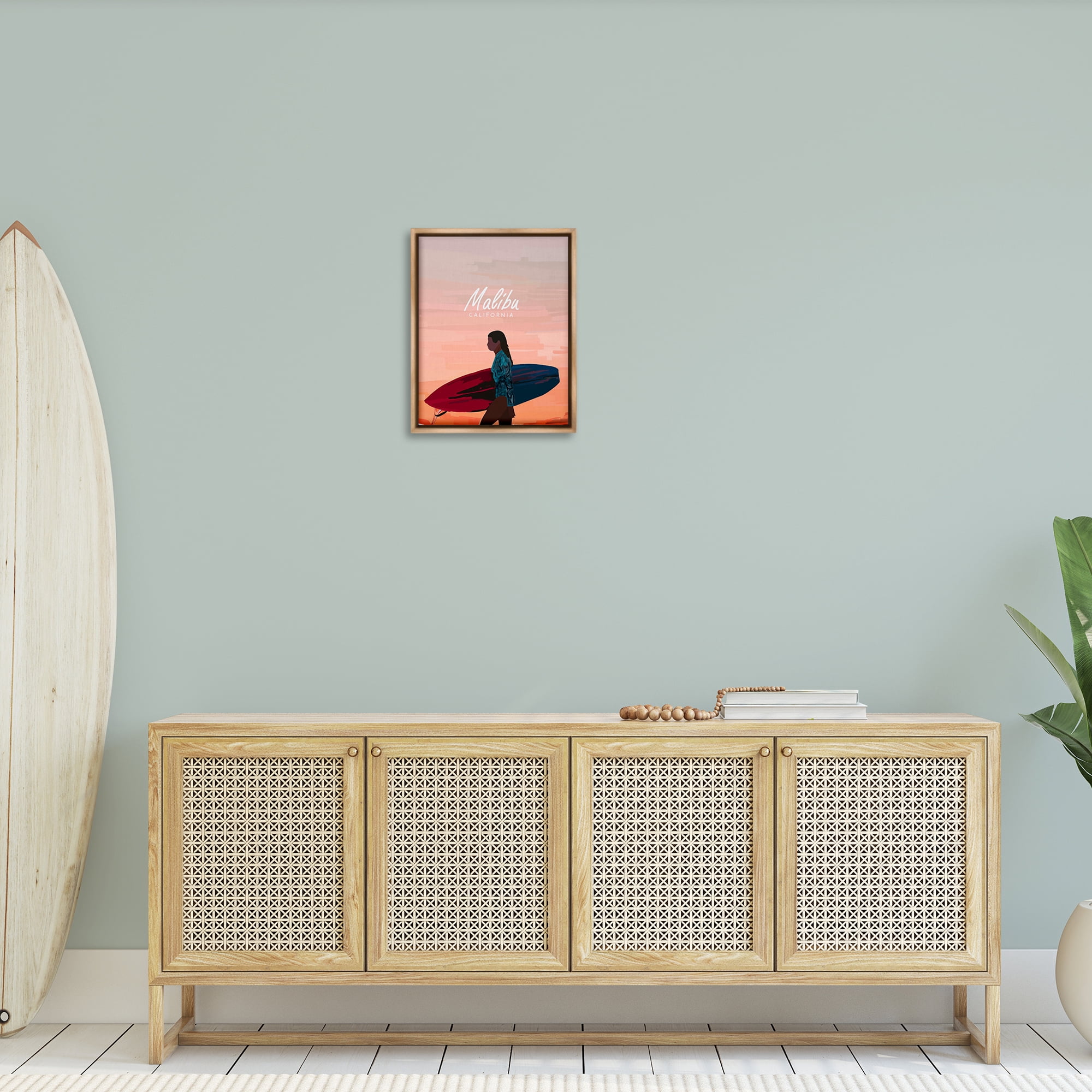 Stupell Industries Malibu Surfer Girl Sports Painting Brown Floater Framed Canvas Art Print Wall Art, 17 x 21