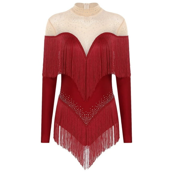 Women Tango Samba Dancewear Tassel Fringe Latin Dance Leotard Long Sleeve Bodysuit Competition Stage Performance Costume