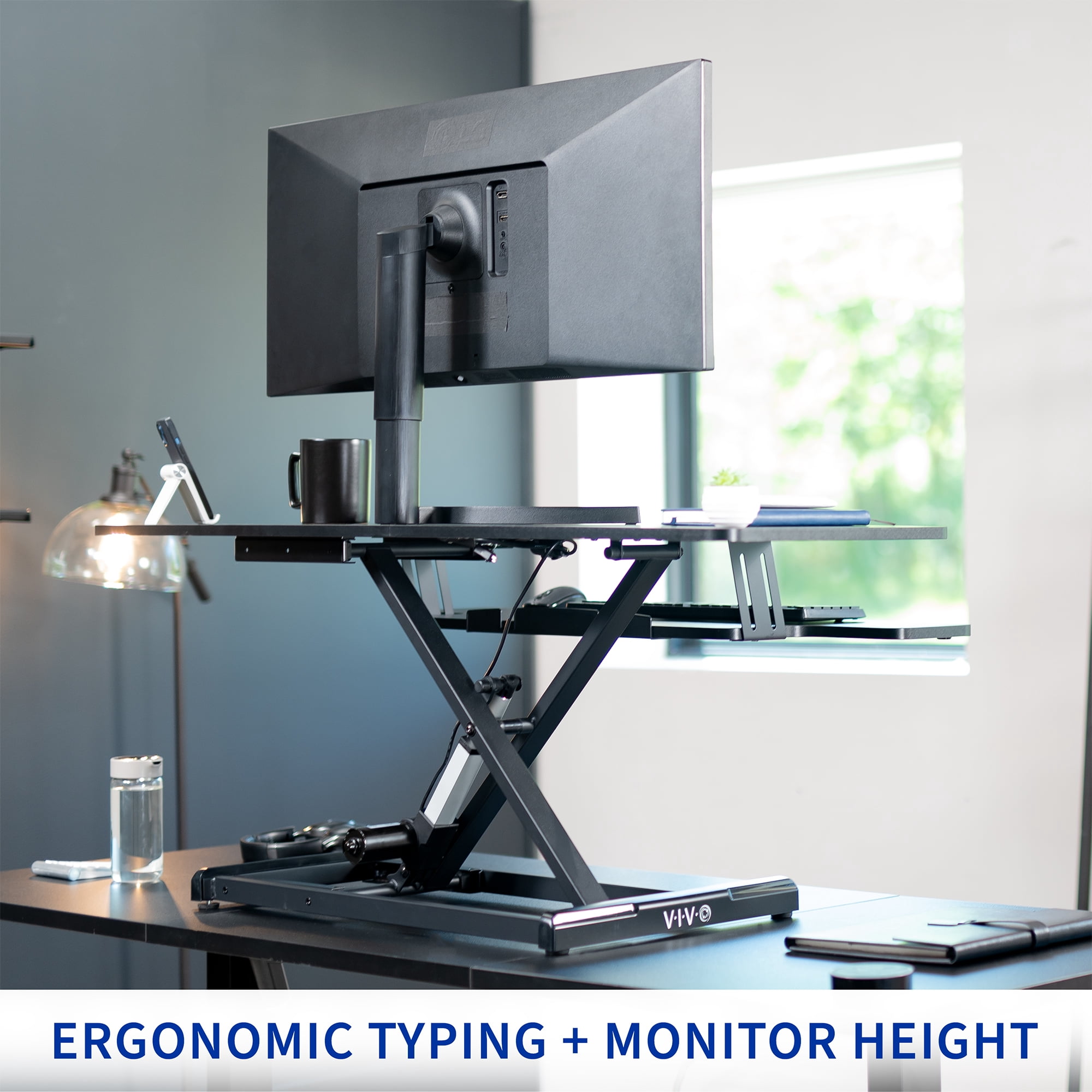 VIVO Black Electric 47" Standing Desk Monitor Riser, Dual Arm Sit Stand Tabletop