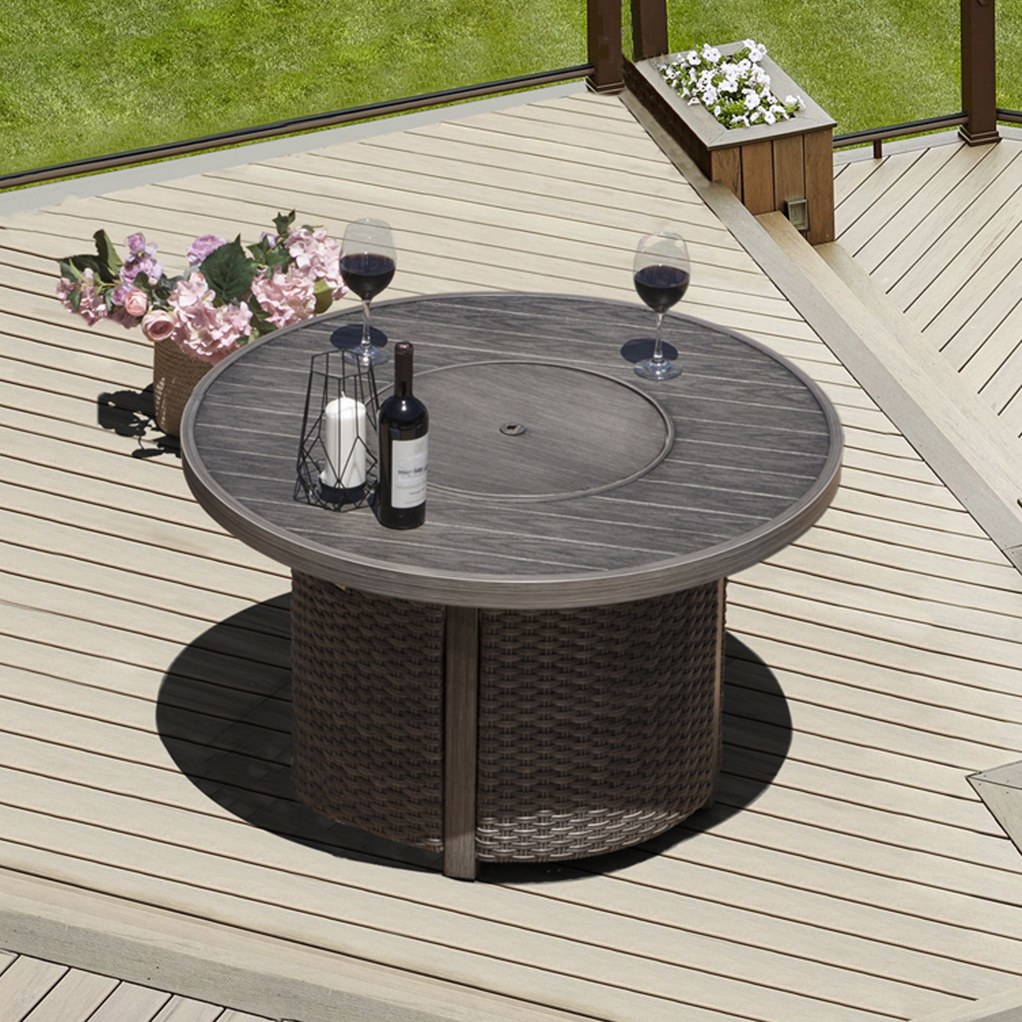Nuu Garden Patio Aluminum Rattan Fire Pit Table, Round Fire Table, Brown