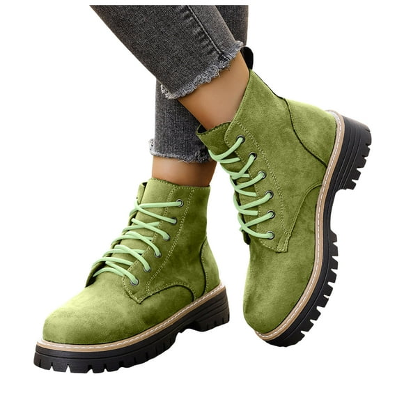 Women Combat Boots Lug Sole Lace up Fashion Ankle Boot Suede Platform Round Toe Fall Heeled Booties Shoes