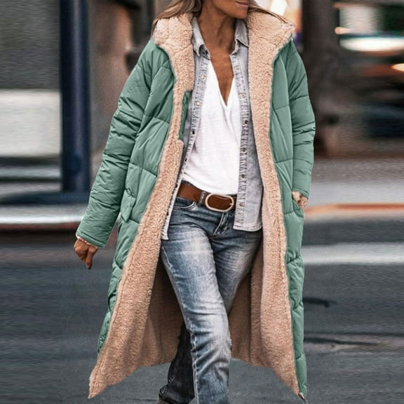 Dwralegc Long Fleece Jacket Women Long Sleeve Thick Oversized Long Puffer Jackets Winter Trendy Zip Up Quilted Coat Heavyweight Hooded Sherpa Lined Jacket with Pockets Light Green XL