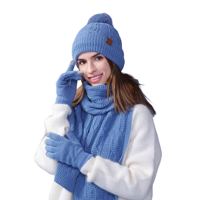 MIASHUI Winter Hat, Gloves, and Scarf Warm Three-Piece Set, Unisex Scarf Set for Outdoor Activities, Cold Weather Scarf Blue