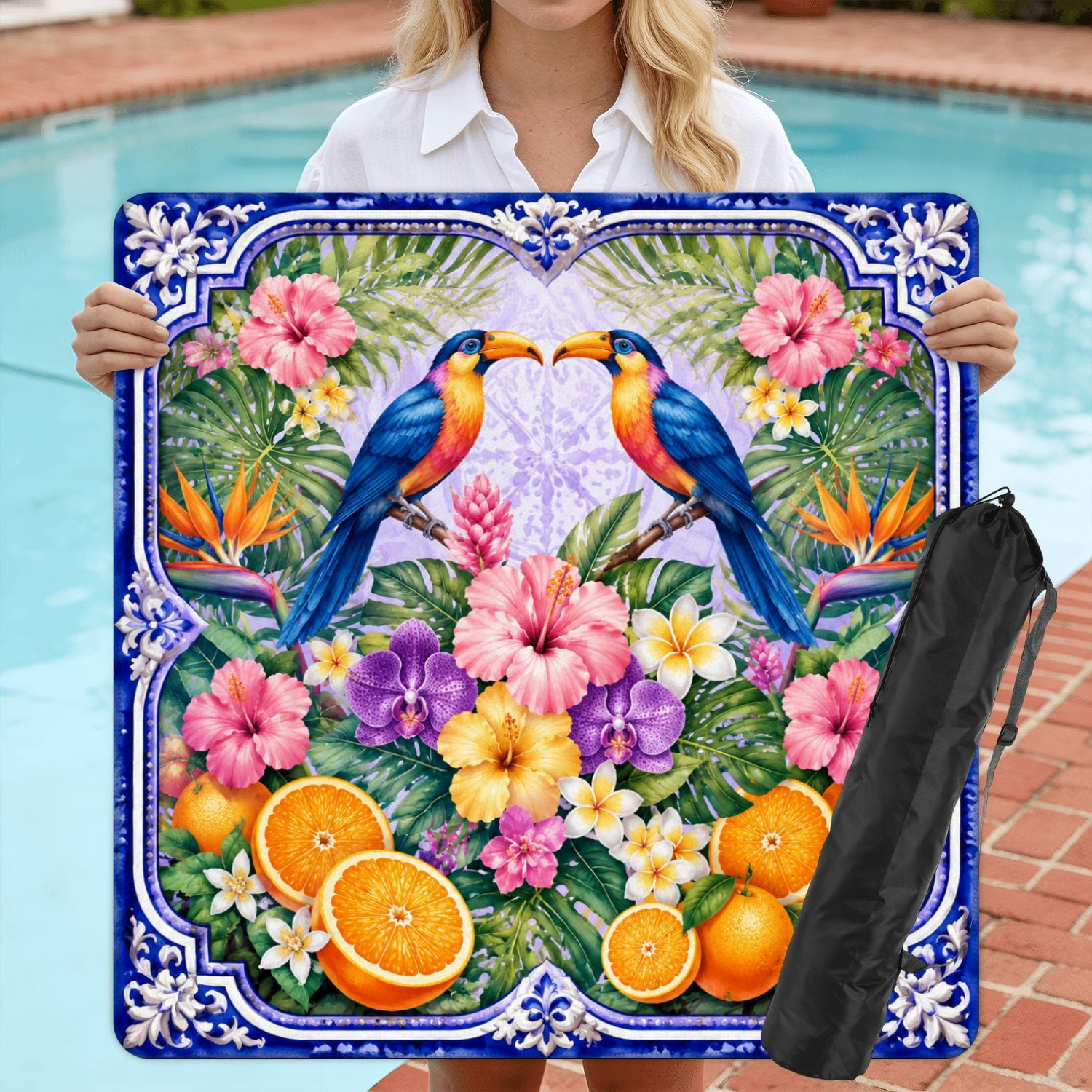 Mahjong Mat 31.5" x 31.5" Tropical Floral Bird Vibrant Colors Exotic Elements Non-Slip Noise Reduction American Mahjong Tiles Table Cover for Dominoes Poker Card Board Games Gift
