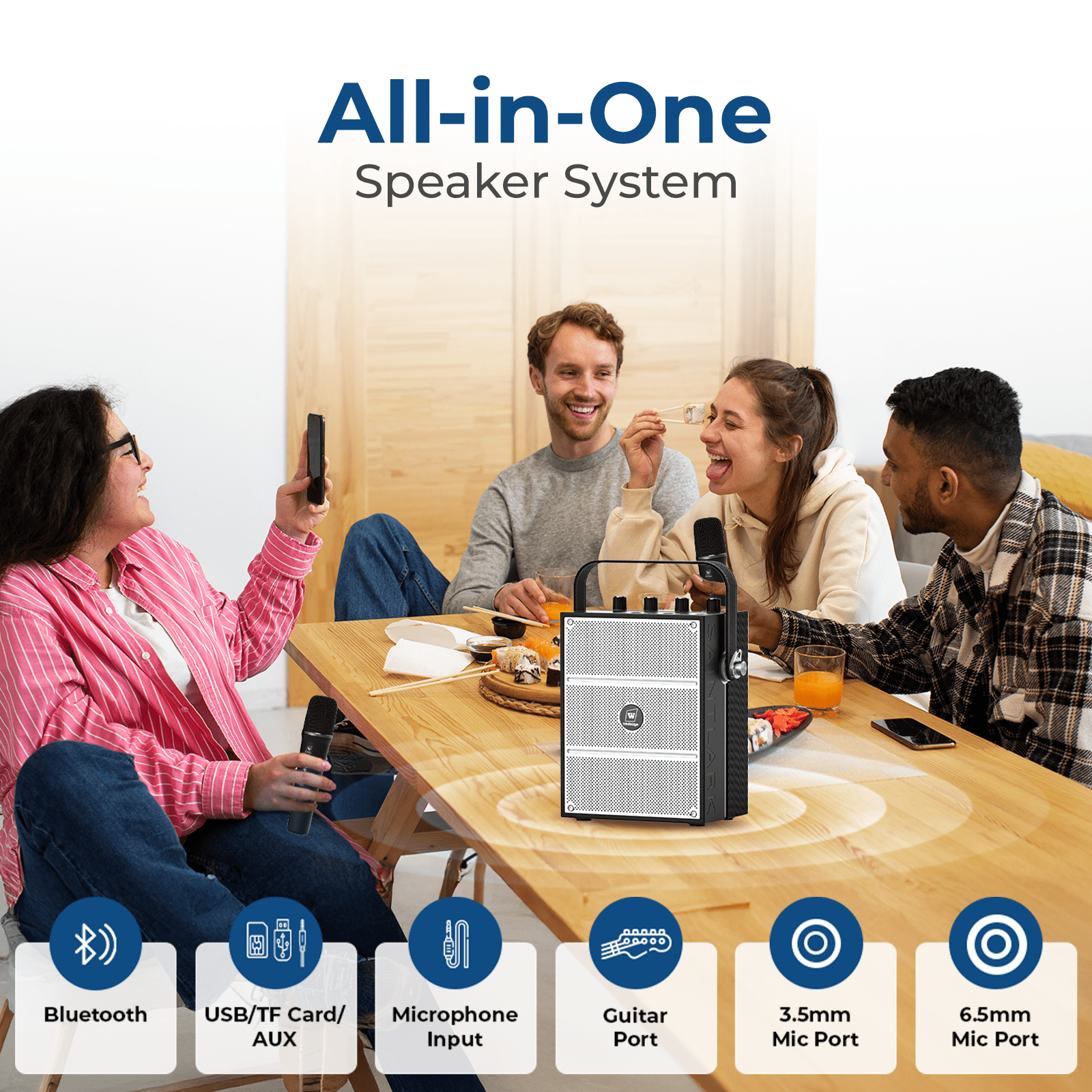 HW HAOWORKS Portable PA System & Karaoke Machine with 2 Wireless Mics, 100W Powerful Pro Sound Bluetooth Party Speaker, Support USB/TF/AUX/Guitar for Outdoor/Home Events - S99