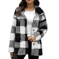 thumbnail image 2 of Women's Plaid Fleece Jacket with Pockets and Button-down Fleece Coat Black L, 2 of 6