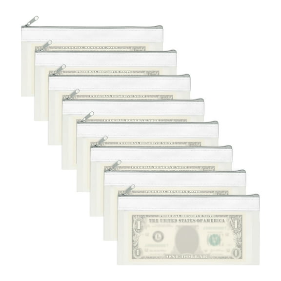 8.5x4 Inch Money Bags with Zipper, 8Pcs Clear Cash Deposit Bank Pouch Envelopes Check Wallet for Coin Cosmetics Invioce Bill, White