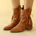 thumbnail image 2 of Tassel Cowgirl Boots for Women Boho Suede Pointed Toe Stacked Heel Mid Calf Dress Cowboy Booties, 2 of 8