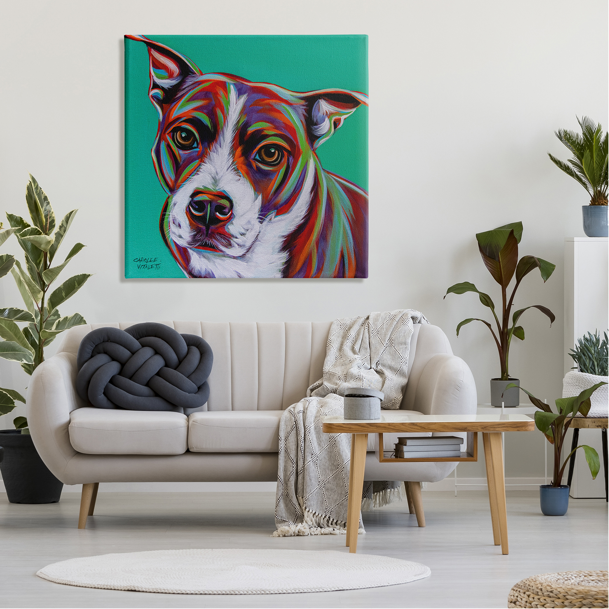Stupell Industries Cute Dog Looking Portrait Bold Green Pop Style Background , 36 x 36, Design by Carolee Vitaletti