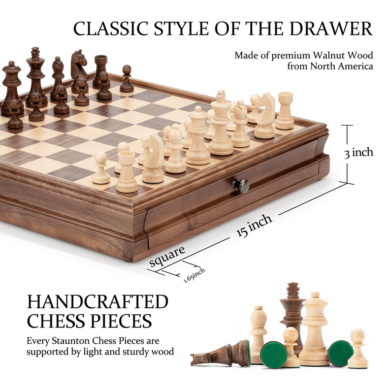 A&A 15 inch Walnut Wooden Chess Sets w/ Storage Drawer / Triple Weighted  Chess Pieces - 3.0 inch King Height/ Walnut Box w/Walnut & Maple Inlay / 2