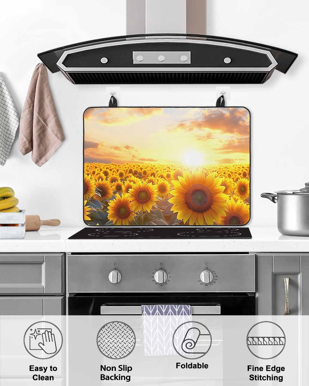 nqOlkjepod Large Induction Cooktop Protector Mat 24"x21", Yellow Sunflowers Stove Top Covers for Electric Stove, Botanical Sunset Natural Scenery Stove Burner Cover Mats, Glass Top Stove Cover