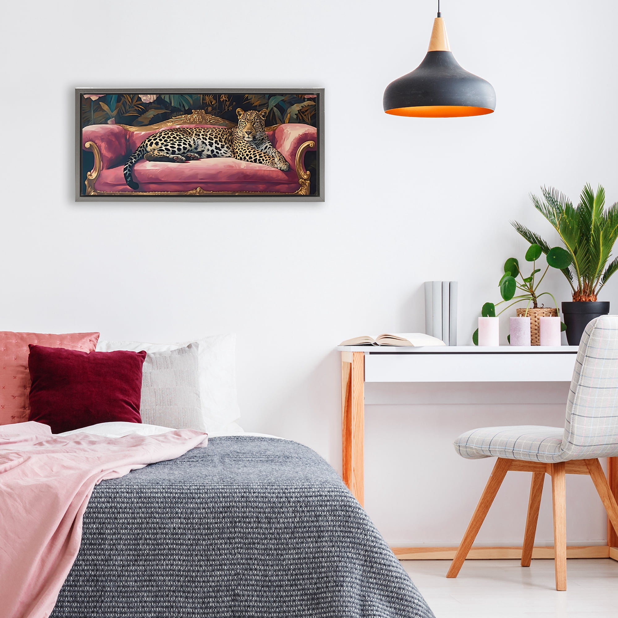 Stupell Industries Regal Relaxation Leopard on Pink Gray Framed Floater Canvas Wall Art, design by Creative Studio