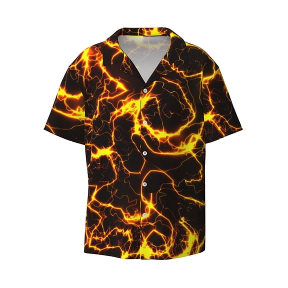 Kuqiui Orange Lightning Print Men's Button Down Shirts Short Sleeve Casual Shirts Hawaiian Shirts Vacation Wedding Shirts with Pocket-3X-Large