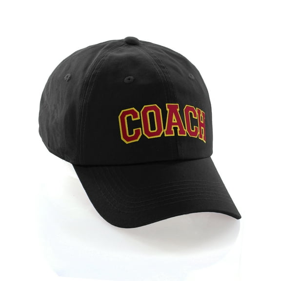 Sports Team Coach Baseball Hat Layered Arch Letters Unstructured Low Profile Cap, Black Hat Gold Red Letters
