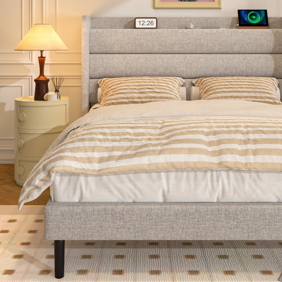 Frostbloom Queen Bed Frame with USB & Type-C Charging Station and Linen Fabric Wingback Headboard, Biege