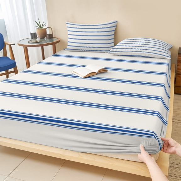 Full Size Fitted Sheet Set - Navy Blue Striped 3 Piece Bedding Sets 16" Deep Pocket Fitted Sheet with 2 Pillowcases Rustic Blue Stripe Modern Art Beige Brushed Microfiber Hotel Luxury Bed Sheets