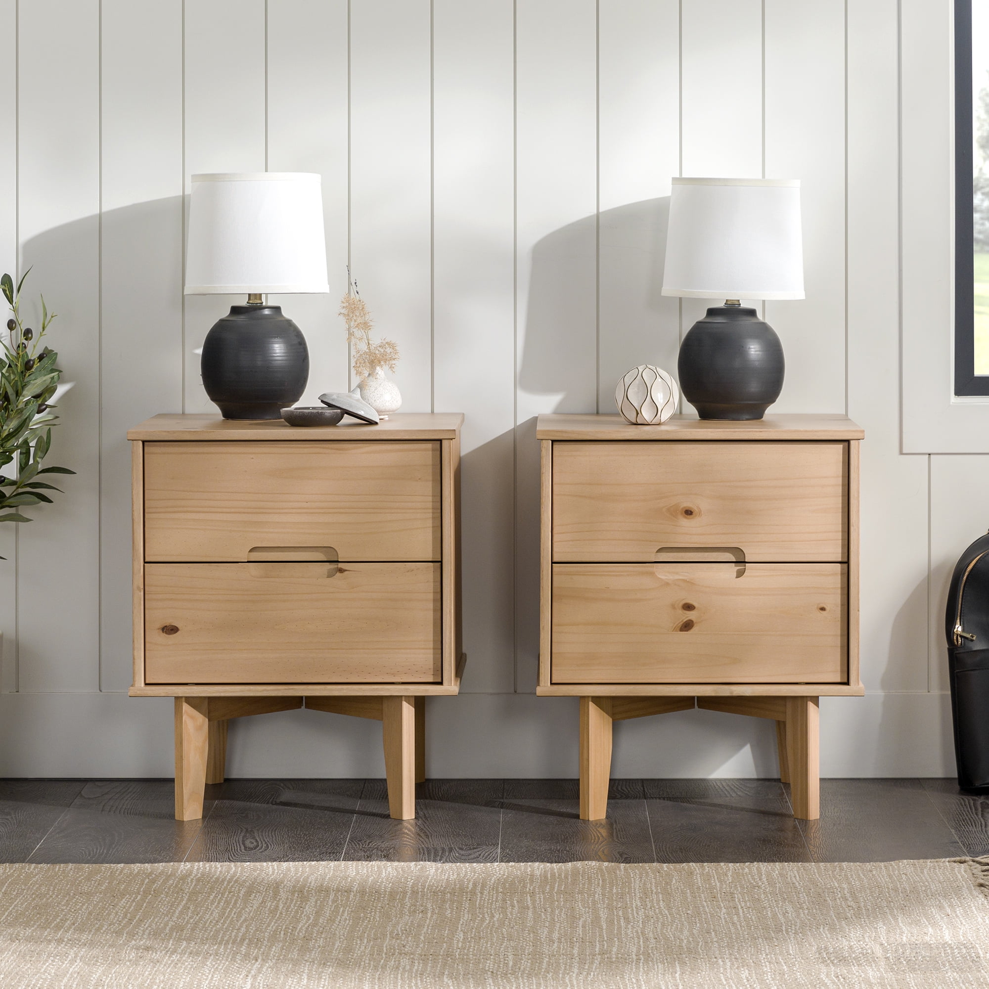 Walker Edison Set of 2 Mid-Century Modern 2-Drawer Nightstands, Natural Pine