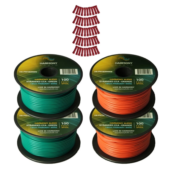 Harmony Car Primary 18 Gauge Power or Ground Wire 400 Feet 4 Rolls Green Orange