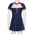 thumbnail image 4 of zdhoor Girls One Pieces Swimsuit Short Sleeve Zip Front Swim Dress Colorblock Swimwear Bathing Suits Dark Blue L, 4 of 7