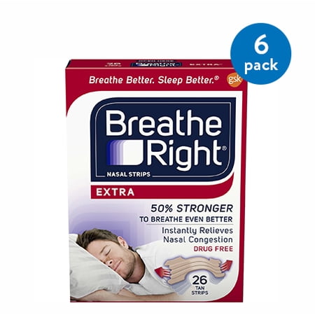 (6 pack) (6 Pack) Breathe Right Nasal Strips to Stop Snoring, Drug-Free, Extra Tan, 26 count