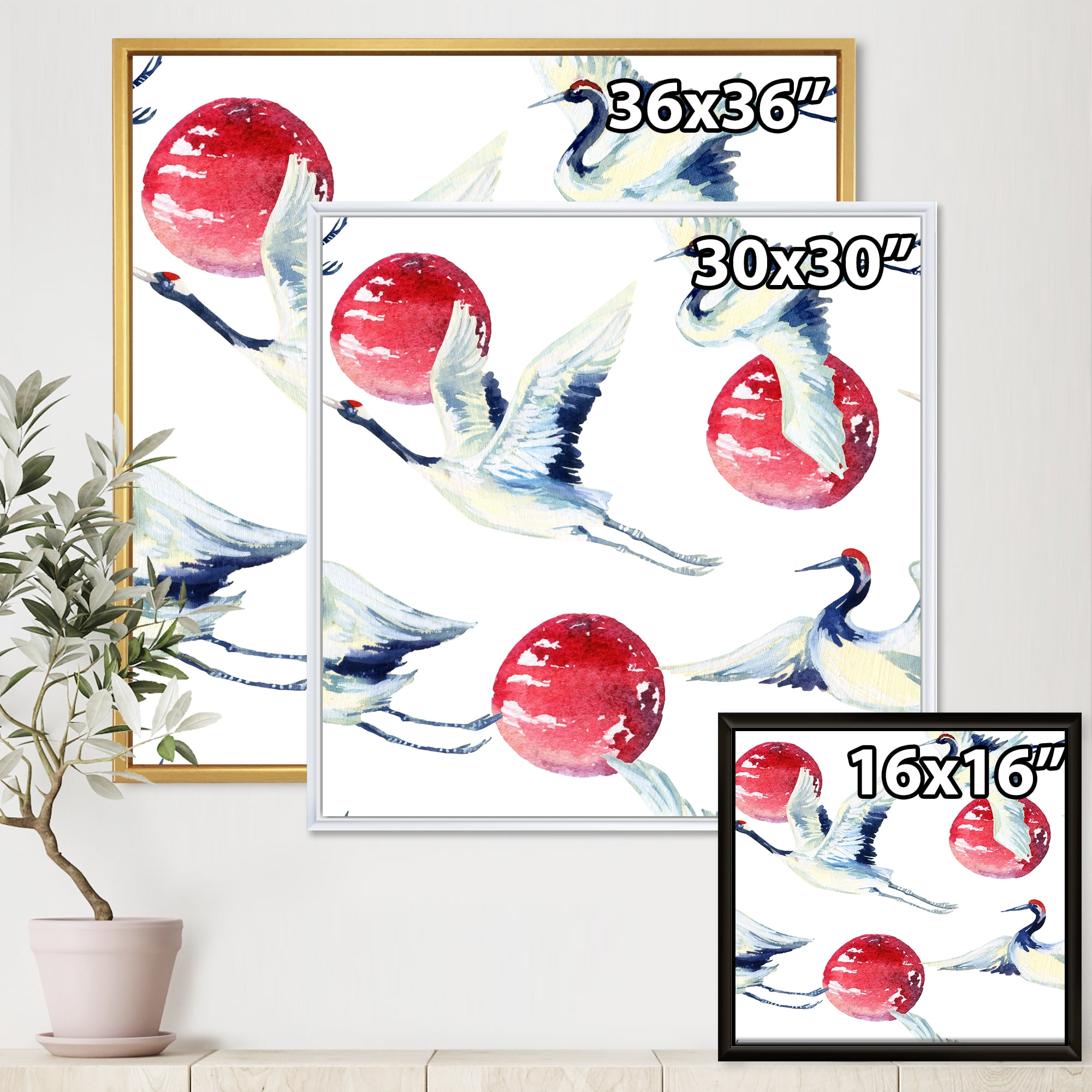 Designart 'Red Full Moon With Asian Crane Bird' Traditional Framed Canvas Wall Art Print