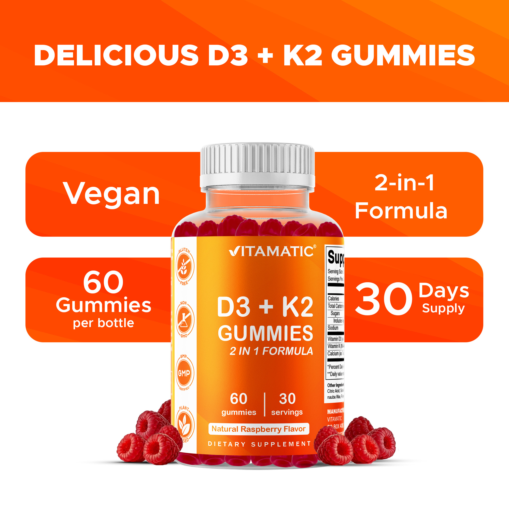 (2 pack) Vitamatic Vitamin D3 K2 Gummies - 60 Count - Supports Healthy Bone, Heart & Calcium Absorption, & Immune Health - Plant Based, Non-GMO, Gluten Free