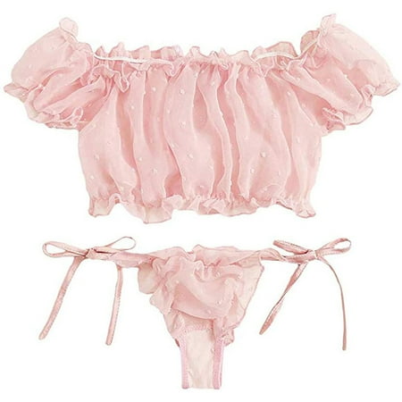 

One opening Womens Sexy Two Piece Bra and Lingerie Tie Ruffle Trim Dobby Mesh Babydoll Sleepwear Set