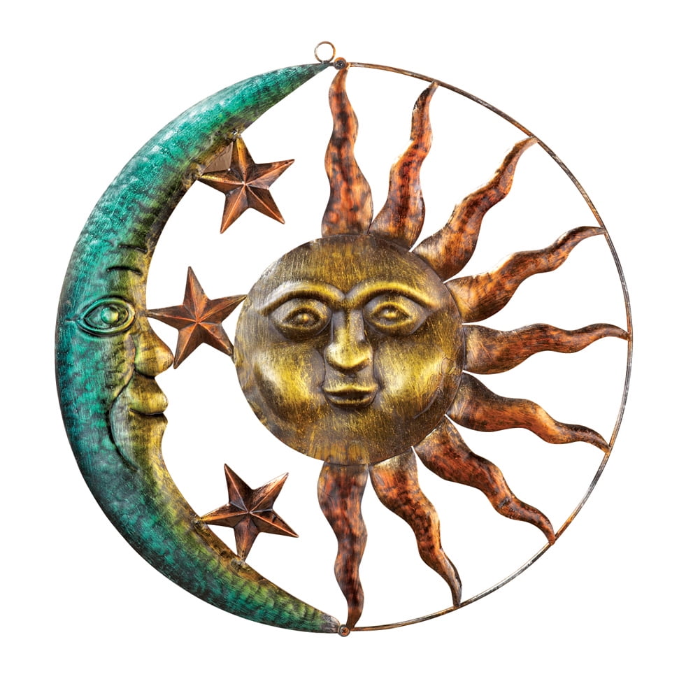 Celestial Sun Moon and Stars Indoor Outdoor 17 inch Metal Wall Hanging Sculpture 
