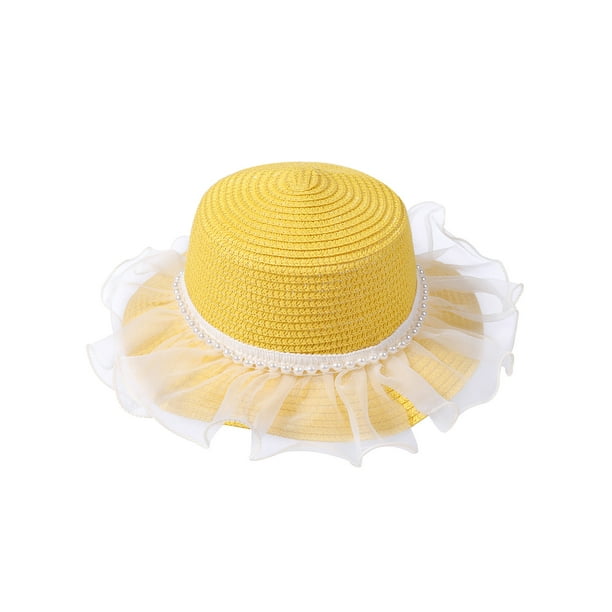 Kid Girls Sun Hat Wide Brim Tulle Layer Pearls Beach Bucket Cap Sun