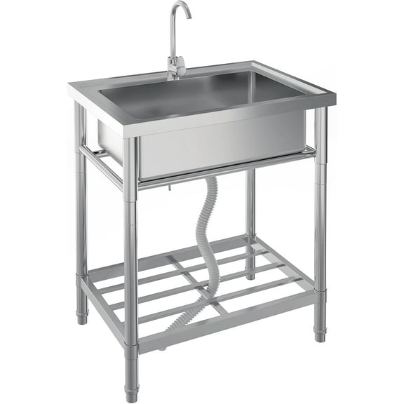 Yesurprise Stainless Steel Utility Sink 24Inches with Cold Hot Water Pipe, Free Standing Single Bowl Kitchen Sink with Faucet, Legs, Storage Rack
