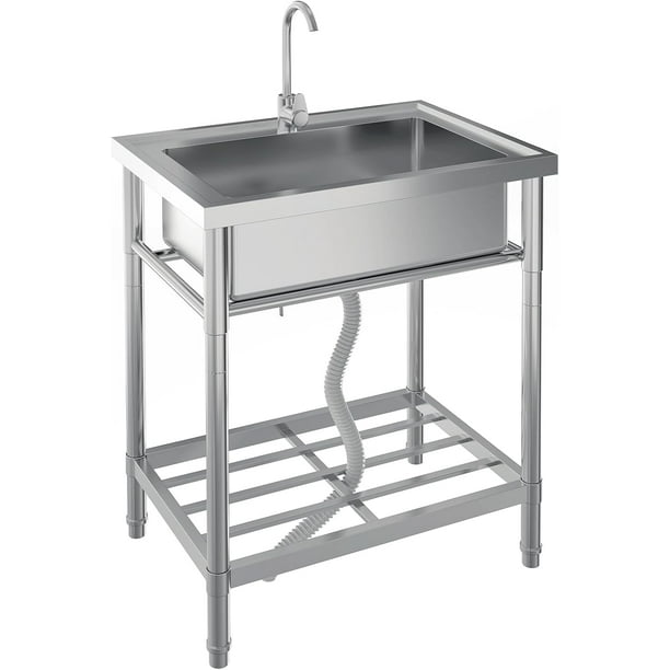Fregadero Utilitario de Acero Inoxidable de 24" con Tuberías de Agua Fría y Caliente, Fregadero de Cocina Independiente con Grifo, Patas y Estante