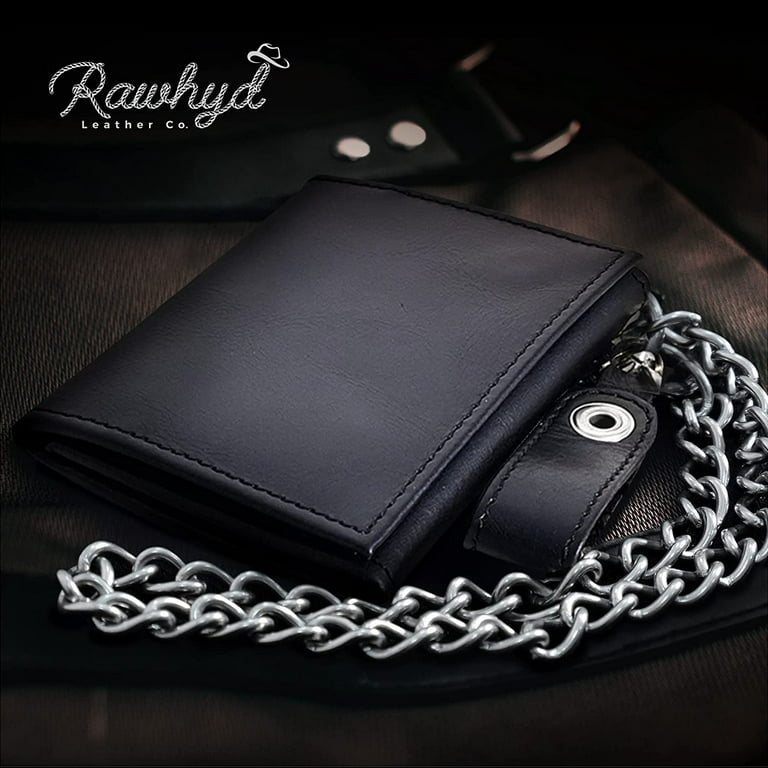 Trifold Chain Wallets for Men w/ Snap Closure - Mens Chain Wallet w/ ID Slot & Zipper Pocket – 100% Genuine Black Leather Wallet - Men Trifold